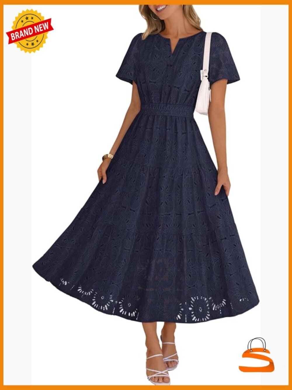 Women's Boho Lace Floral Maxi Dress Eyelet Tiered Flowy Short Sleeve